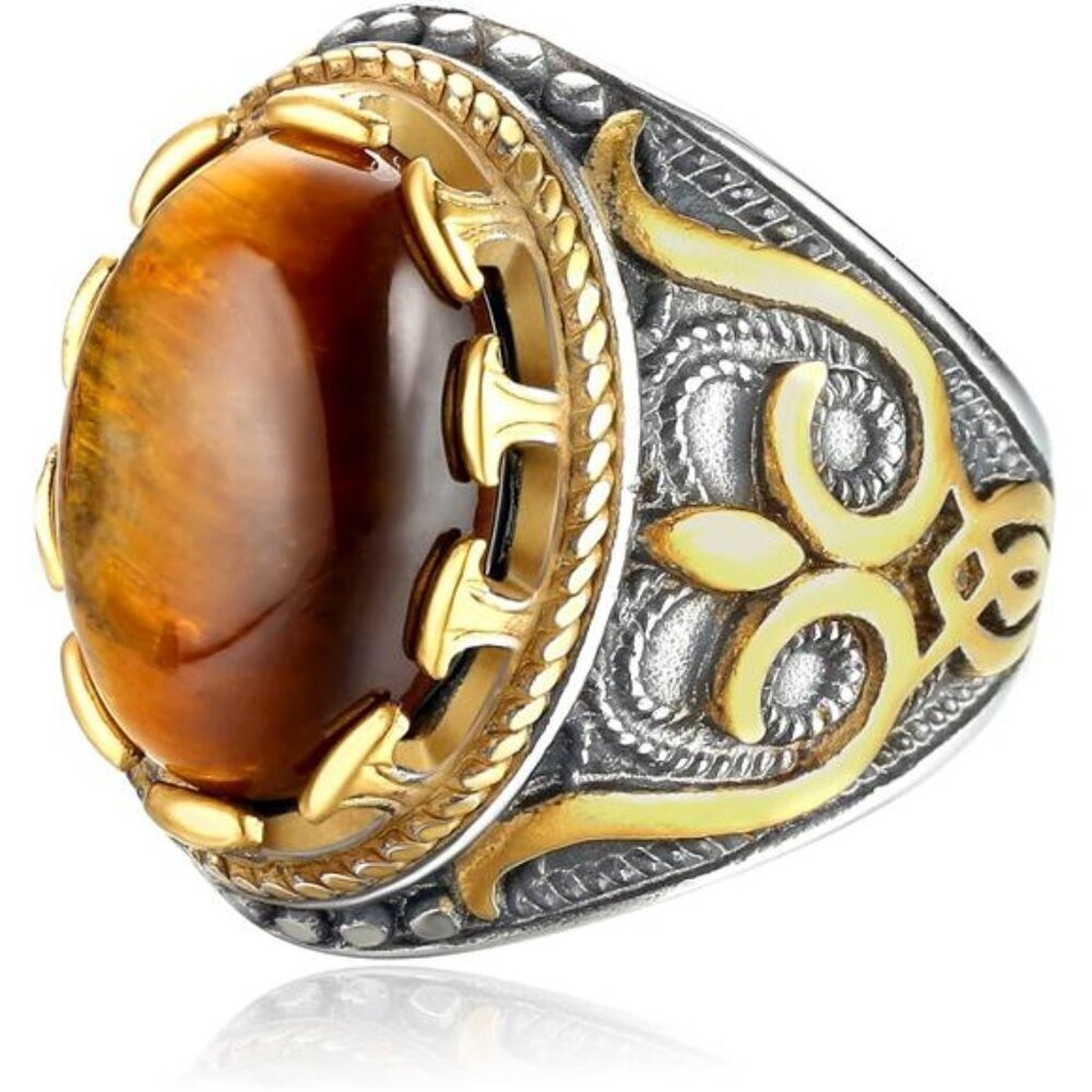 Retro Large Tiger Eye Stone Ring Turquoise Vintage Ring